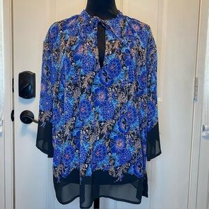 James & Erin Floral Sz M Blouse Top Shirt Semi-sheer Luxury Pullover Tie at Neck